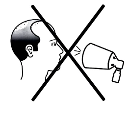 Black and white drawing of a human profile with a large cross over it, indicating prohibition of inhaling the contents from a spray bottle