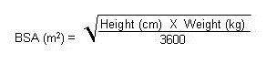 Mathematical formula for calculating body surface area BSA in square meters equal to the square root of height in cm times weight in kg divided by 3600