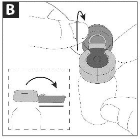 Disegno tecnico che mostra le mani che ruotano la parte superiore di un flacone medico e un riquadro con una freccia curva che indica il movimento