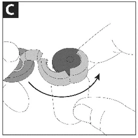 Diagramma che mostra il movimento rotatorio di un dispositivo medico circolare tra le dita di una mano indicato da una freccia curva nera