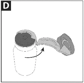 Illustrazione tecnica che mostra il movimento di rotazione per rimuovere il tappo di plastica da un flacone di medicinale con una freccia curva