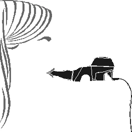 Disegno stilizzato in bianco e nero di un profilo femminile che tiene in bocca un dispositivo medico collegato a un cavo sottile
