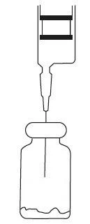 Linear drawing of a needle penetrating through the rubber stopper of a glass vial containing a liquid