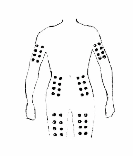 Stylized schematic of the human body with black dots indicating injection sites on the arms, on the