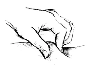 Line drawing of a hand pinching the skin with thumb and index finger to prepare the injection site