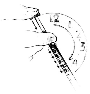 Two hands holding a syringe with arrows indicating a rotating motion towards the numbers on a dial marked from 1 to 12