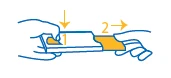 Diagram with a yellow arrow pointing downward at point 1 and an arrow pointing to the right at point 2, indicating the opening stages of a container