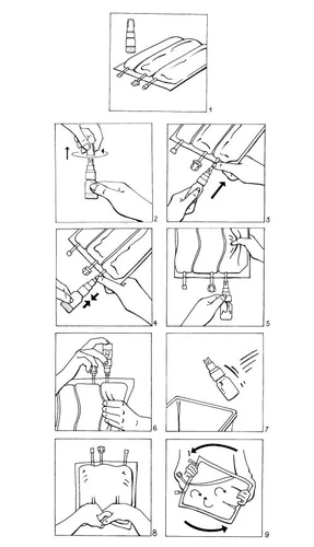 Serie di nove diagrammi numerati che illustrano le fasi per l'uso di un dispositivo medico con flacone, sacca e manipolazione con le mani