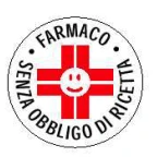 Logo circolare con croce rossa e una faccina sorridente al centro circondata dalla scritta nera SENZA OBBLIGO DI RICETTA FARMACO