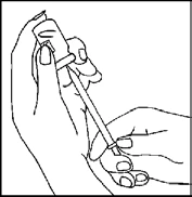 Black line drawing showing two hands handling a syringe with a needle to prepare or administer a medication