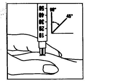 Technical diagram showing a medical device applied to the skin with a 45-degree angle indicator and a vertical graduated scale