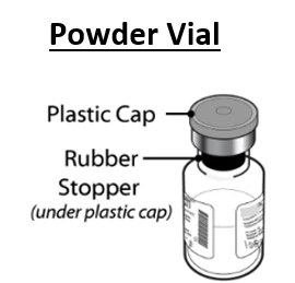 Diagram of a vial of powder with label, visible plastic cap on top and underlying rubber stopper shown in section