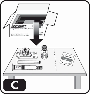 Open Sevenfact box on a table with drug vial, syringe, vial, and alcohol wipe arranged beside it