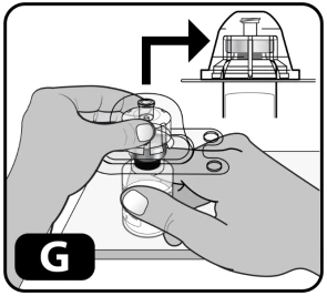 Two hands holding and rotating a transparent medical device with a black arrow indicating movement in the
