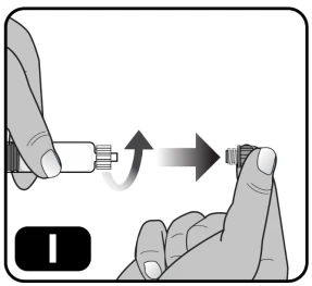 Two hands rotating and then removing a cap or cylindrical component from a medical device following the direction of arrows