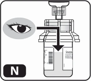 Diagram showing an eye carefully observing the contents of a medical vial with an arrow pointing to the internal liquid