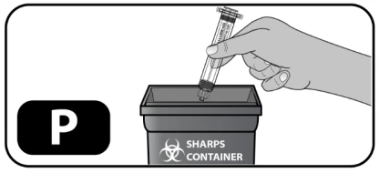 A hand holding a syringe to insert it into a sharps container marked with the text 'SHARPS CONTAINER' and the biohazard symbol