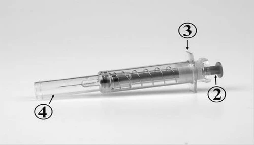 Strzykawka przezroczysta z ponumerowanymi elementami: 2 – tłok, 3 – cylinder oraz 4 – końcówka
