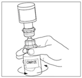Una mano tiene un flacone di Cinryze mentre una seconda mano ruota la parte superiore per svitare il tappo o il dispositivo di applicazione