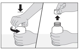 Two-step diagram showing a hand pressing down and twisting a cap onto a bottle and another