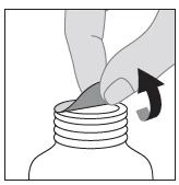 A hand lifting and removing the protective plastic seal from the neck of a medical bottle, following a curved direction indicated by a black arrow