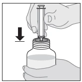 A hand holding a syringe and inserting it vertically through the stopper of a medicine vial held with the