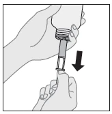 Two hands holding a small bottle while a black arrow indicates a downward movement to insert the