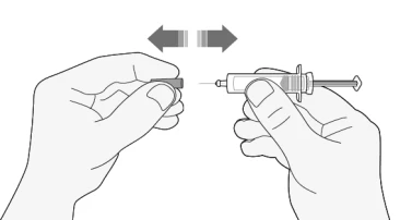Two hands moving a syringe back and forth toward a small cylindrical component with a gray double arrow above