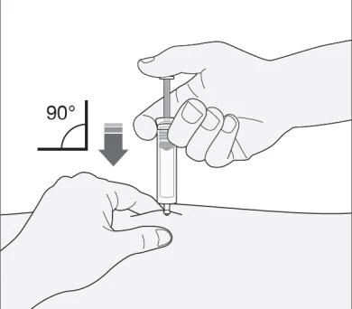A hand holding a syringe vertically to inject liquid into the skin at a 90-degree angle indicated by a downward arrow