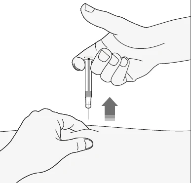 A hand holding an injection pen above the skin of an arm with an arrow pointing downward