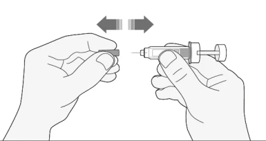 Two hands moving a syringe with needle back and forth toward a small cylindrical container indicated by a horizontal double arrow