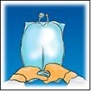 Two hands hold a transparent medical bag filled with blue liquid against a gradient light-blue background