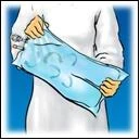 A person holds an open light-blue plastic pouch with both hands in front of the torso against a blue background