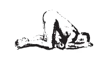 Disegno stilizzato in bianco e nero di una persona inginocchiata con il busto piegato in avanti e la testa rivolta verso il basso