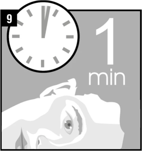 Icono de un reloj con la aguja en las doce, el número 9 en la parte superior izquierda y la inscripción 1 min junto a la parte superior de un rostro humano