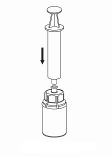 Disegno tecnico di una siringa con stantuffo che viene spinto verso il basso con una freccia nera per indicare l'inserimento nel flacone medico