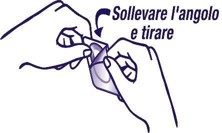 Due mani aprono una bustina di plastica sollevando un angolo e tirando verso l'esterno con una freccia curva che indica il movimento
