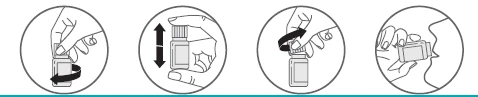 Quattro diagrammi circolari mostrano come agitare il flaconcino, scuoterlo verticalmente, ruotare il tappo e versare il contenuto in bocca