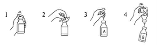 Sequence of four drawings showing hands opening a vial, removing the cap, and injecting the liquid into a second container A and B