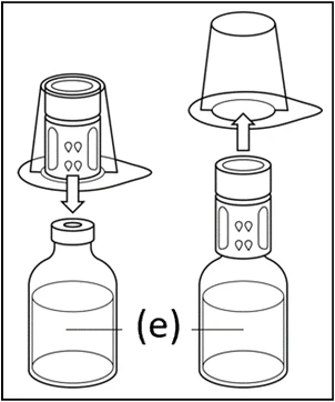 Diagram showing how to place a protective cap onto a drug vial containing liquid