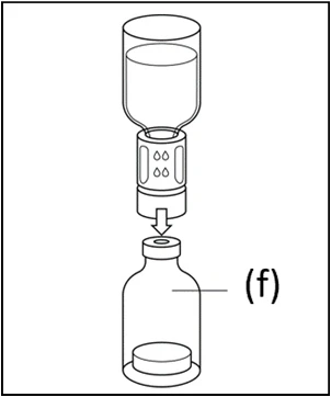 Technical drawing showing a container with liquid being inserted via an arrow into a medical vial labeled f