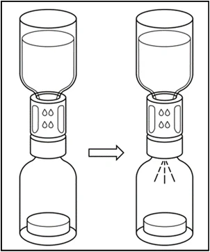 Schematic showing two glass vials with liquid, connected by an arrow indicating transfer from the first to the second vial via a connector