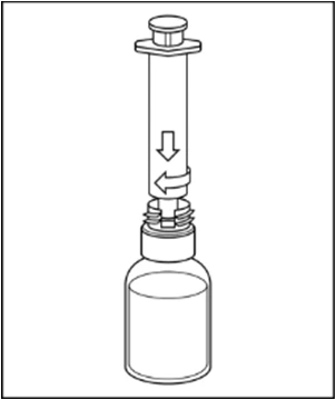 Technical drawing of a needle-free syringe being inserted vertically and rotated to the left over the neck of a glass vial