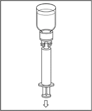Technical drawing of a syringe with a cylindrical upper chamber filled with liquid and a plunger being pushed downward indicated by an arrow