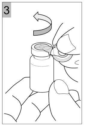 Disegno tecnico che mostra una mano che tiene un flaconcino mentre un'altra mano rimuove il tappo superiore con un movimento indicato da una freccia curva