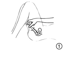 Disegno in bianco e nero che mostra una mano che tiene una siringa per iniettare un farmaco nella parte superiore del gluteo di una persona