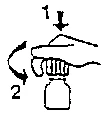 Diagramma con freccia verso il basso numero 1 e freccia curva numero 2 che indica il movimento di rotazione di una mano su un flacone medico
