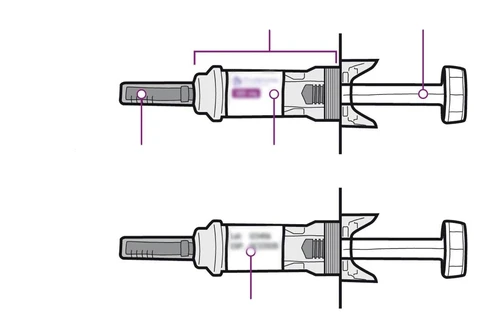 Diagramma tecnico di due siringhe orizzontali con indicazioni tramite linee viola che puntano a diverse parti del dispositivo medico