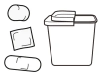 Disegno lineare di un contenitore con coperchio, un batuffolo di cotone, un cerotto quadrato e un cerotto lungo a forma di pillola