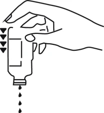 Disegno lineare di una mano che tiene capovolta una boccetta da cui cadono gocce di liquido verso il basso
